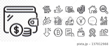 Coins, Donation money and Decreasing graph line icons for web app. Glare of light effect. Message icon. Pack of Cashback card, Bitcoin, Salary pictogram icons. Vector 137012988