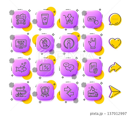 Sunscreen, Car service and Fish line icons. App 3d buttons. Social media comment, share, like icons. Pack of Fingerprint, Buy button, Info icon. Synchronize, Reward, Discount banner pictogram. Vector 137012997