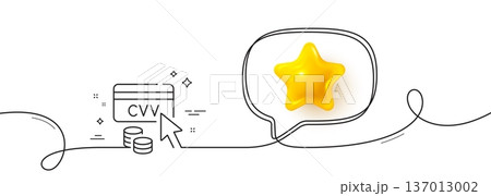 CVV code line icon. Continuous line with 3d star. Credit card sign. Online money symbol. 3d star in speech bubble. CVV code single line ribbon. Loop curve pattern. Vector CVV code line icon. Continuous line with 3d star. Credit card sign. Online money symbol. 3d star in speech bubble. CVV code single line ribbon. Loop curve pattern. Vector 137013002
