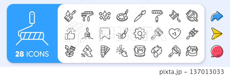 Paint brushes line icons. Interest rate, AI generate, Inflation icons. Color palette, Paint tin or bucket, Roller tool. Pantone samples, Dye quality, Creative art brush line icons. Vector Paint brushes line icons. Interest rate, AI generate, Inflation icons. Color palette, Paint tin or bucket, Roller tool. Pantone samples, Dye quality, Creative art brush line icons. Vector 137013033