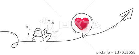 Spa stones line icon. Continuous line with share plane. Bath resort sign. Hotel service symbol. 3d heart in speech bubble. Spa stones single line ribbon. Loop curve pattern. Vector Spa stones line icon. Continuous line with share plane. Bath resort sign. Hotel service symbol. 3d heart in speech bubble. Spa stones single line ribbon. Loop curve pattern. Vector 137013059