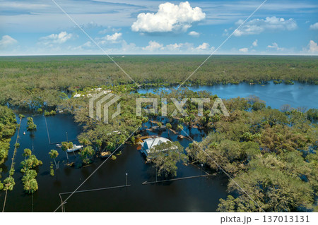Heavy flood with high water surrounding residential houses after hurricane Ian rainfall in Florida residential area. Consequences of natural disaster 137013131