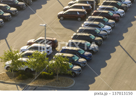 Large parking lot of local dealer with many brand new cars parked for sale. Development of american automotive industry and distribution of manufactured vehicles concept Large parking lot of local dealer with many brand new cars parked for sale. Development of american automotive industry and distribution of manufactured vehicles concept 137013150