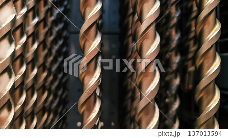 Close-up of twisted metal rods or drill bits arranged vertically in a row. The black and white photography with shallow depth of field emphasizes the metal texture, rhythmic forms Close-up of twisted metal rods or drill bits arranged vertically in a row. The black and white photography with shallow depth of field emphasizes the metal texture, rhythmic forms 137013594