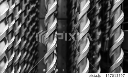 Close-up of twisted metal rods or drill bits arranged vertically in a row. The black and white photography with shallow depth of field emphasizes the metal texture, rhythmic forms Close-up of twisted metal rods or drill bits arranged vertically in a row. The black and white photography with shallow depth of field emphasizes the metal texture, rhythmic forms 137013597