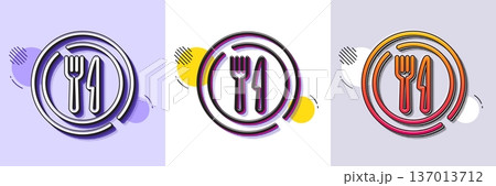 Food line icon. Halftone dotted pattern. Gradient icon with grain shadow. Dish plate with fork and knife sign. Eat at restaurant symbol. Line food icon. Various designs. Vector 137013712