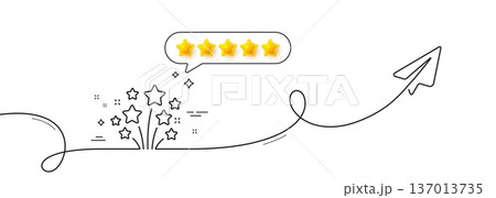 Fireworks stars line icon. Continuous line with share plane. Pyrotechnic salute sign. Carnival celebration lights symbol. Five star rate review in speech bubble. Vector 137013735