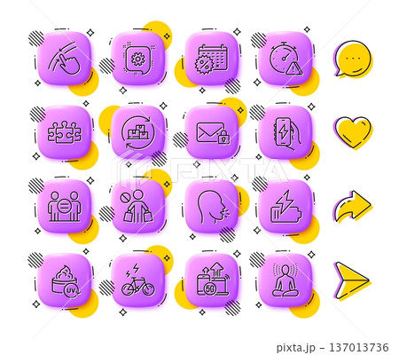 Stop shopping, Attention and Charging app line icons. App 3d buttons. Social media comment, share, like icons. Pack of Delivery change, Puzzle, Cough icon. Vector Stop shopping, Attention and Charging app line icons. App 3d buttons. Social media comment, share, like icons. Pack of Delivery change, Puzzle, Cough icon. Vector 137013736