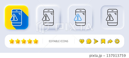 Warning message line icon. Neumorphic, Flat shadow, 3d buttons. Phone alert sign. Caution app symbol. Line warning message icon. Social media icons. Vector 137013759