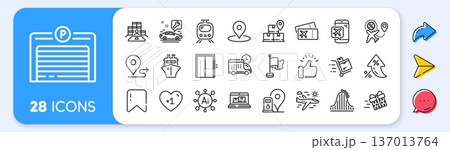 Train, Lift and Inventory line icons. Interest rate, AI generate, Inflation icons. Pack of Car service, Flag, Inventory cart icon. Boarding pass, Roller coaster, Flight sale pictogram. Vector Train, Lift and Inventory line icons. Interest rate, AI generate, Inflation icons. Pack of Car service, Flag, Inventory cart icon. Boarding pass, Roller coaster, Flight sale pictogram. Vector 137013764