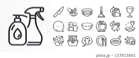 Cleaning liquids, Dish and Clean dishes line icons for web app. Glare of light effect. Message icon. Pack of Bowl dish, Dont touch, T-shirt pictogram icons. Dishwasher, Grill pan, Glass signs. Vector 137013801
