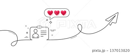 ID card line icon. Continuous line with share plane. User Profile sign. Person silhouette symbol. Identification plastic card. Hearts rate review in speech bubble. ID card single line ribbon. Vector 137013820