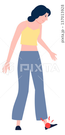 Woman with ankle injury. Red pain spot icon Woman with ankle injury. Red pain spot icon 137013928