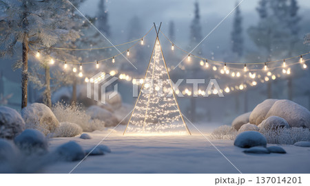 Magical Outdoor Winter Light Display: A Simple, Geometric Christmas Tree Structure Made of Twinkling String Lights, Surrounded by Snow-Covered Trees and Rocks in a Misty, Cold Night Landscape 137014201