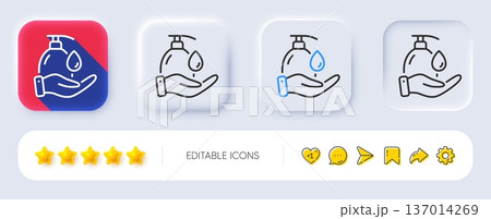 Wash hands line icon. Neumorphic, Flat shadow, 3d buttons. Covid hygiene sign. Washing liquid symbol. Line wash hands icon. Social media icons. Vector 137014269