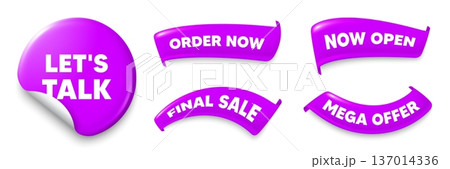 Lets talk purple sticker, Sale offer ribbons. Final sale, Order now. Lets talk tag. Connect offer sign. Conversation symbol. Sticker badge. Flag ribbon banners. Discount offer banners. Vector Lets talk purple sticker, Sale offer ribbons. Final sale, Order now. Lets talk tag. Connect offer sign. Conversation symbol. Sticker badge. Flag ribbon banners. Discount offer banners. Vector 137014336