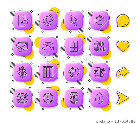 Smartphone sms, Green energy and Fireworks rocket line icons. App 3d buttons. Social media comment, share, like icons. Pack of Best rank, Timer, Gamepad icon. Vector 137014388