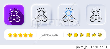 Best sunglasses line icon. Neumorphic, Flat shadow, 3d buttons. Sun glasses review star sign. Top rate eyewear symbol. Line best glasses icon. Social media icons. Vector 137014481