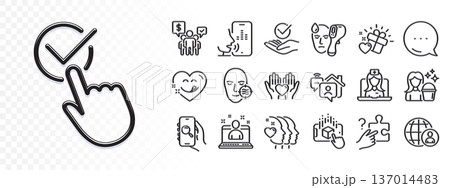 Checkbox, Teamwork and Approved line icons for web app. Glare of light effect. Message icon. Pack of Problem skin, Love gift, Work home pictogram icons. Vector 137014483