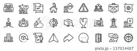 Warning, Home and Diesel station line icons pack. Share, Message, Paper plane icons. Fragile package, Builder warning, Brush web icon. Lighthouse, Cogwheel, Court building pictogram. Vector Warning, Home and Diesel station line icons pack. Share, Message, Paper plane icons. Fragile package, Builder warning, Brush web icon. Lighthouse, Cogwheel, Court building pictogram. Vector 137014487