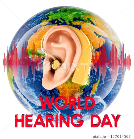 World Hearing Day concept. Ear with hearing aid and Earth Globe, 3d rendering 137014565
