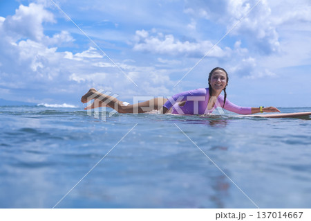 Surfing Morning Workout, Calm Sea And Bright Morning Inspire Physical Training 137014667