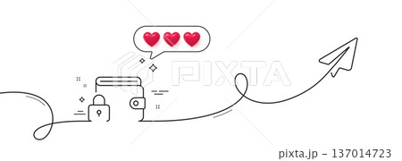 Lock line icon. Continuous line with share plane. Protected wallet sign. Money protection symbol. Hearts rate review in speech bubble. Lock single line ribbon. Loop curve pattern. Vector Lock line icon. Continuous line with share plane. Protected wallet sign. Money protection symbol. Hearts rate review in speech bubble. Lock single line ribbon. Loop curve pattern. Vector 137014723