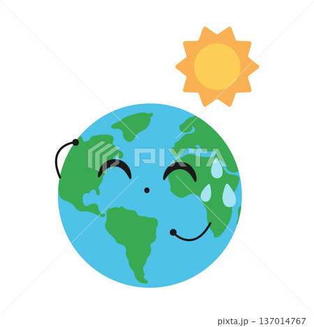 Cute planet Earth and the Sun. Extreme heat. Vector flat illustration isolated on a white background 137014767