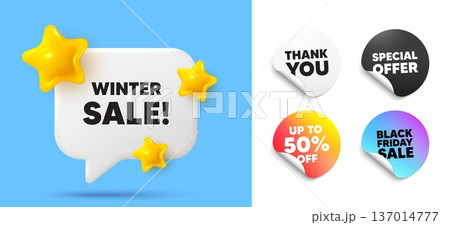 Winter sale speech bubble, sticker tags. Discount, Black friday stickers. Winter Sale tag. Special offer price sign. Advertising Discounts symbol. Thank you tag. 3d stars chat bubble. Vector Winter sale speech bubble, sticker tags. Discount, Black friday stickers. Winter Sale tag. Special offer price sign. Advertising Discounts symbol. Thank you tag. 3d stars chat bubble. Vector 137014777