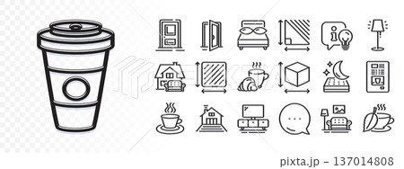 Open door, Triangle area and Stand lamp line icons for web app. Glare of light effect. Message icon. Pack of Takeaway coffee, Coffee vending, Pillows pictogram icons. Vector Open door, Triangle area and Stand lamp line icons for web app. Glare of light effect. Message icon. Pack of Takeaway coffee, Coffee vending, Pillows pictogram icons. Vector 137014808