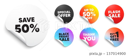 Discount sticker tag. Special offer paper price tags. Save 50 percent off tag. Sale Discount offer price sign. Special offer symbol. Discount, black friday sticker. Promo banner. Vector 137014900