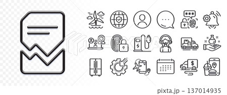 Truck transport, Windmill and Refrigerator line icons for web app. Glare of light effect. Message icon. Pack of Biometric security, Food app, Global insurance pictogram icons. Vector 137014935