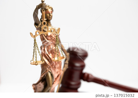 Themis figure and judge's gavel on white background 137015032