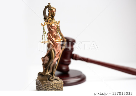 Themis figure and judge's gavel on white background 137015033