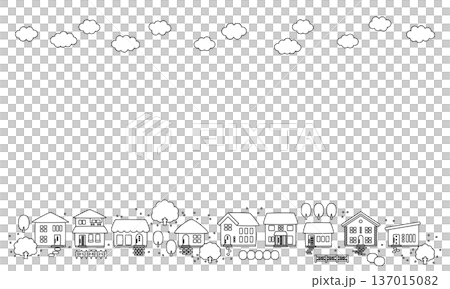 櫻花點綴的春日城鎮風景邊框背景素材_線條畫 137015082