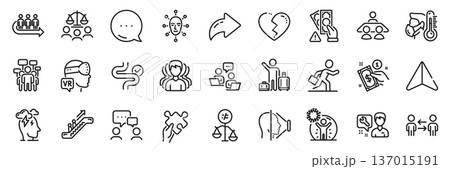Broken heart, Teamwork and Puzzle line icons pack. Share, Message, Paper plane icons. People chatting, Stress, Augmented reality web icon. Queue, Coronavirus protection, Escalator pictogram. Vector 137015191