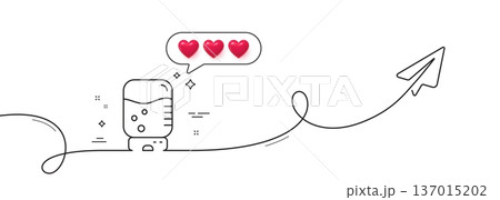 Water cooler bottle line icon. Continuous line with share plane. Still aqua drink sign. Liquid symbol. Hearts rate review in speech bubble. Water cooler single line ribbon. Loop curve pattern. Vector Water cooler bottle line icon. Continuous line with share plane. Still aqua drink sign. Liquid symbol. Hearts rate review in speech bubble. Water cooler single line ribbon. Loop curve pattern. Vector 137015202