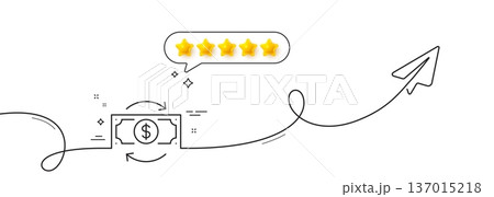 Money change line icon. Continuous line with share plane. Currency exchange sign. Financial reinvestment symbol. Five star rate review in speech bubble. Money change single line ribbon. Vector 137015218