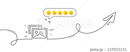 Photo images line icon. Continuous line with share plane. Image album thumbnail sign. Picture gallery placeholder symbol. Five star rate review in speech bubble. Photo album single line ribbon. Vector Photo images line icon. Continuous line with share plane. Image album thumbnail sign. Picture gallery placeholder symbol. Five star rate review in speech bubble. Photo album single line ribbon. Vector 137015231