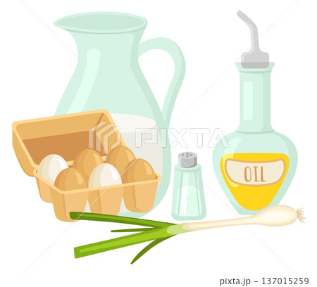 Cooking ingredients. Cartoon eggs pack and glass bottles cartoon icon 137015259