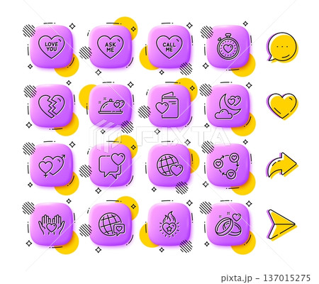 Male female, World brand and Heart flame line icons. App 3d buttons. Social media comment, share, like icons. Pack of Break up, Romantic dinner, Hold heart icon. Vector 137015275