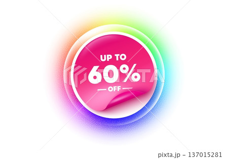 Discount tag sticker rainbow gradient. Paper offer price tag. Up to 60 percent off sale. Discount offer price sign. Special offer symbol. Save 60 percentages. Sticker label. Grain dots effect. Vector 137015281