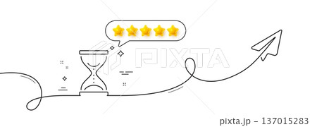 Time hourglass line icon. Continuous line with share plane. Sand watch sign. Five star rate review in speech bubble. Time hourglass single line ribbon. Loop curve pattern. Vector Time hourglass line icon. Continuous line with share plane. Sand watch sign. Five star rate review in speech bubble. Time hourglass single line ribbon. Loop curve pattern. Vector 137015283