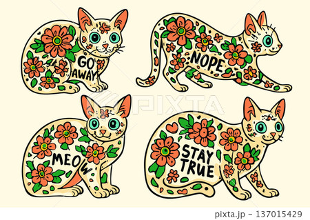 Quirky cats with floral tattoos. Vector set of isolated elements Quirky cats with floral tattoos. Vector set of isolated elements 137015429