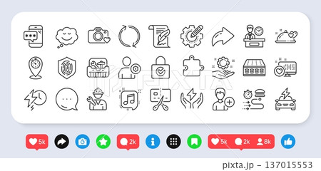 Speech bubble, Presentation time and Musical note line icons pack. Social media: share, comment, like icons. Mattress, Photo camera, Timer web icon. Vector 137015553