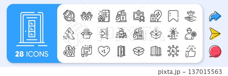 Brush, Get box and Lighthouse line icons. Interest rate, AI generate, Inflation icons. Pack of Petrol station, Packing boxes, Open door icon. Certificate, Door, Engineer pictogram. Vector 137015563