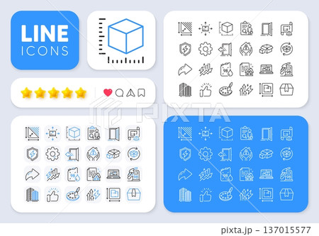 Package box, Lease contract and Power safety line icons for web app. Message, Share, Like social media icons. Pack of Energy inflation, Return parcel, Inspect pictogram icons. Vector 137015577