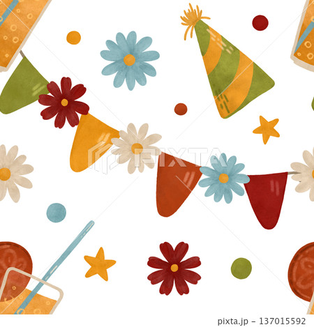 Festive seamless pattern: garland, confetti, flowers, lemonade, birthday hat. Watercolor, pastel, warm colors illustration. Design element for product Festive seamless pattern: garland, confetti, flowers, lemonade, birthday hat. Watercolor, pastel, warm colors illustration. Design element for product 137015592