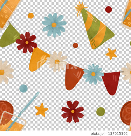 Festive seamless pattern: garland, confetti, flowers, lemonade, birthday hat. Watercolor, pastel, warm colors illustration. Design element for product Festive seamless pattern: garland, confetti, flowers, lemonade, birthday hat. Watercolor, pastel, warm colors illustration. Design element for product 137015592