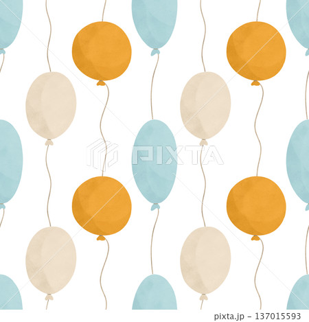 Balloons, a handdrawn watercolor, pastel. Seamless pattern. Flat style design element. In pastel shades of yellow, blue, beige. A children's drawing 137015593